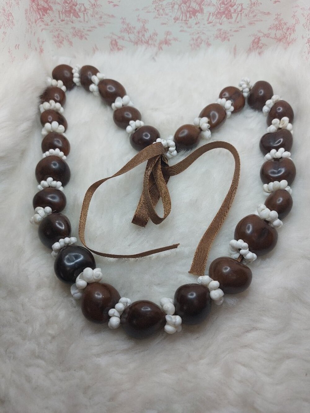Cowrie Shell Necklace 26" Tagua Nut Brown Bead Tropical Hawaiian Boho Statement